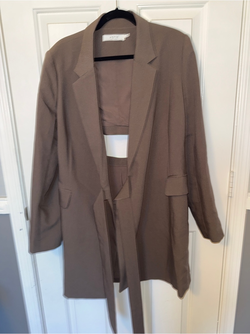 Astr Taupe Wrap Trench with Back Cutout and Tie Waist - Picture 4 of 8
